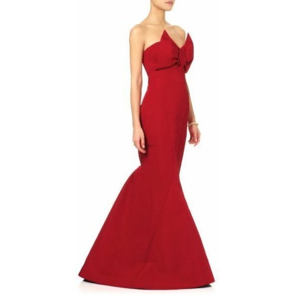 NWT $8K ZAC POSEN GRENADINE MERMAID STRAPLESS SILK BOW PLEATED GOWN SIZE 6 - Picture 1 of 7